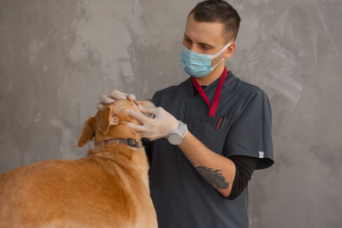 A veterinarian in a mask examining a dog during a checkup